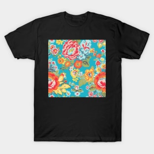 Cheerful Wildflowers, Blue, Teal, Red, Pink T-Shirt